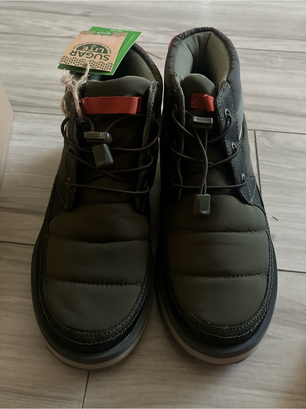 Brand New Sanuk Olive Green Puffer Lace-Up Boots with Orange Accent